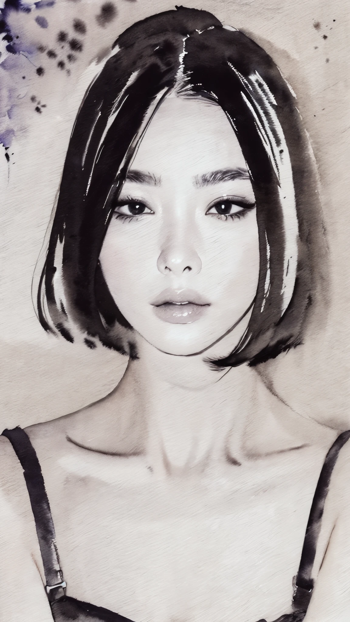 (masterpiece:1.2),(Highest quality),(Very detailed:,(High resolution),((Watercolor)),((Monochrome)),8K,Woman Drawing,Beautiful Japanese Woman,((Black Hair)),Short Bob,Close-up of face,(sleepy)