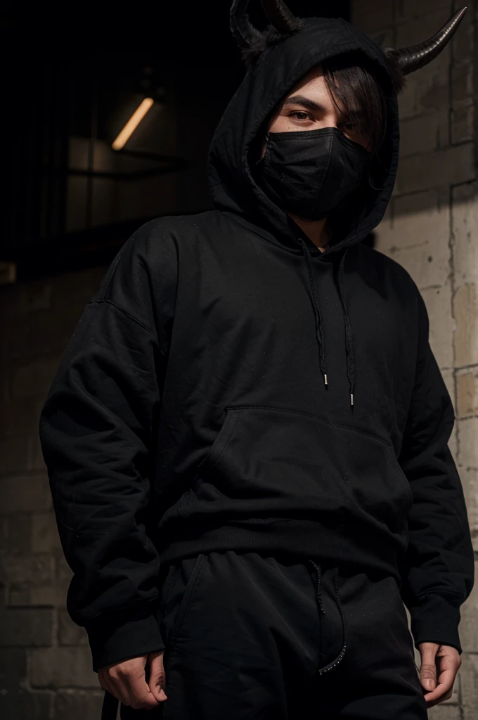 The male character wears a black hoodie with horns and wears black clothes,and wearing black pants,wearing a black-edged mask