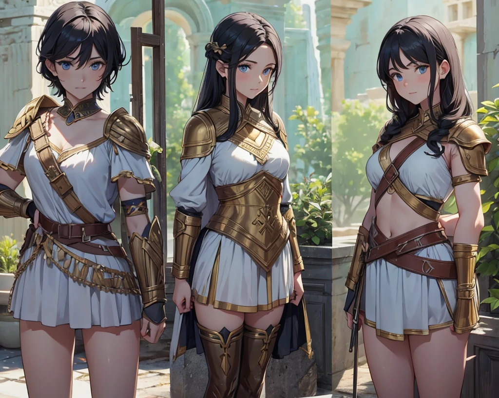 a beautiful Greek warrior standing guard at a door, Greek warrior, ancient Greece, classical Greece, hoplite, warrior woman, short skirt, light armor, black hair, blue eyes