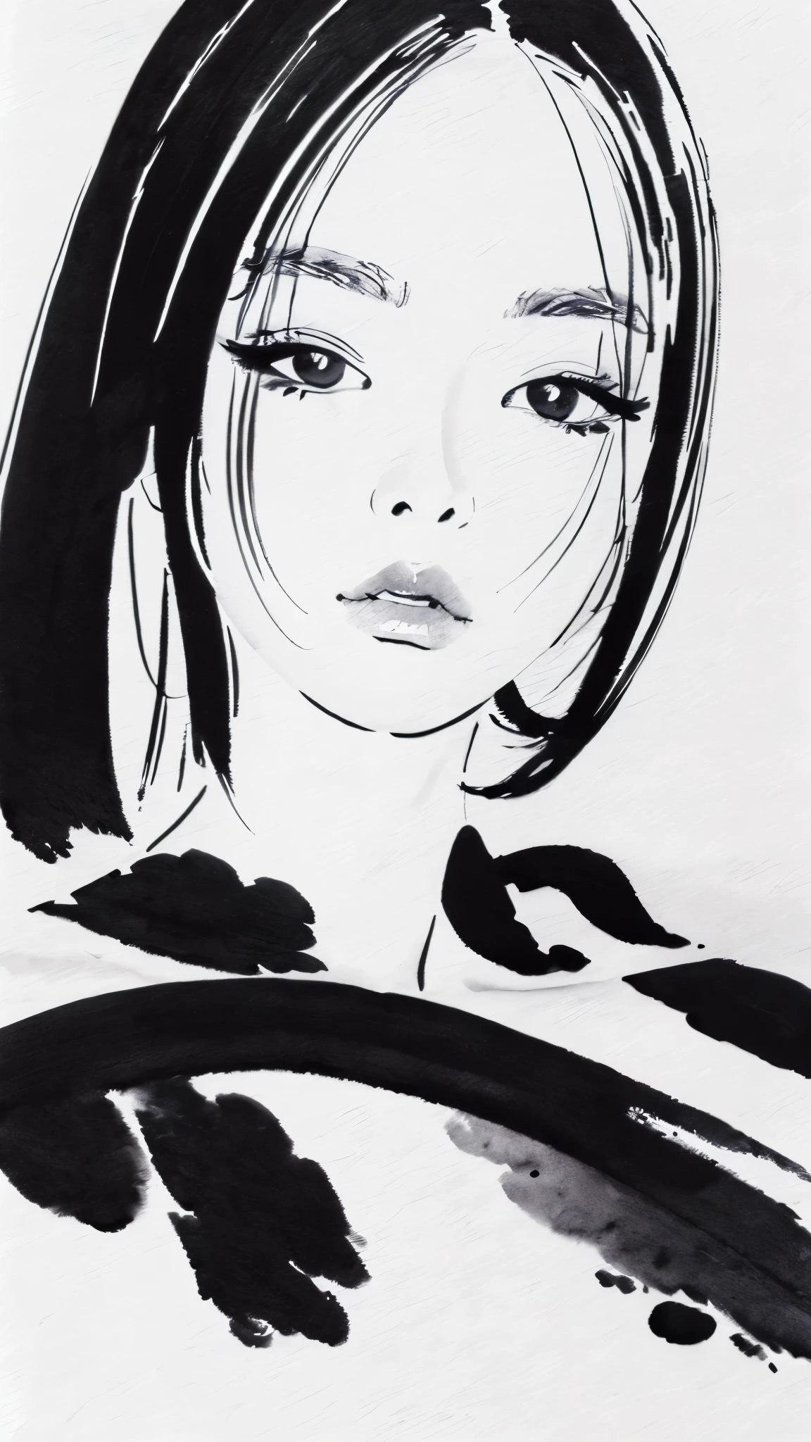 (masterpiece:1.2),(Highest quality),(Very detailed:,(High resolution),((Ink Painting)),((Monochrome)),8K,Woman Drawing,Beautiful Japanese Woman,((Black Hair)),Short Bob,Close-up of face,(sleepy)