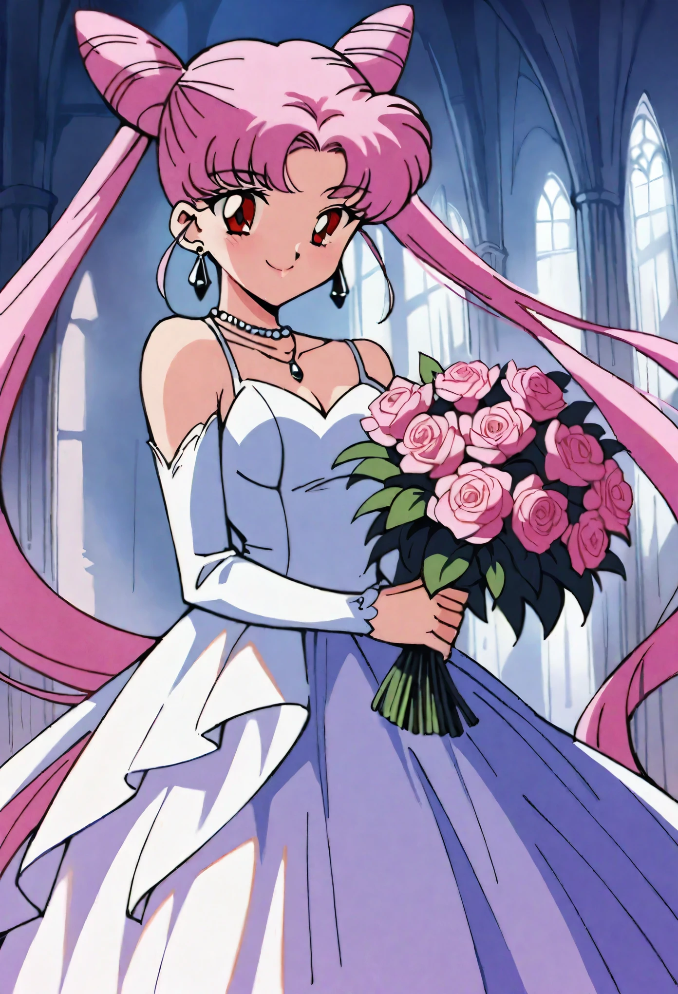 masterpiece,Best quality,very aesthetic,ultra detailed,complex parts,1990-е годы \(style\),Black Lady1,1 girl,One,pink hair,cone lock of hair,long hair,lock of hair,double bun,Red eyes,ponytail,very long hair,Wedding Dress,necklace,earrings,smile,holding a bouquet,pink flower,Cathedral,