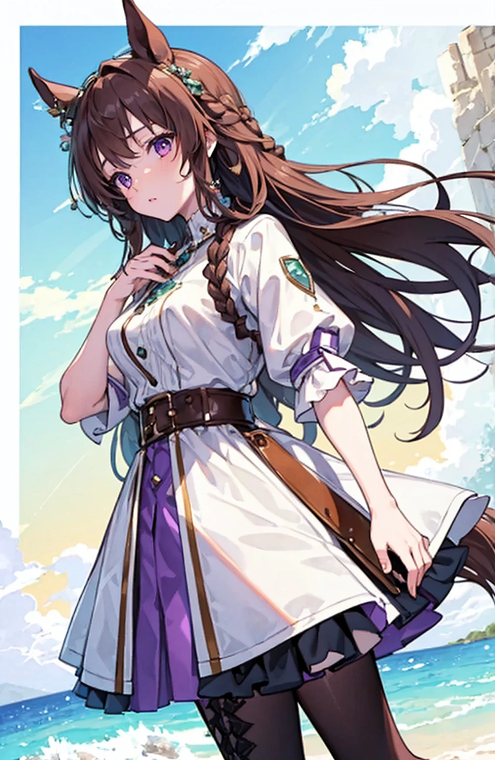(masterpiece), (best quality), (detailed), Lightweight layer，Brown hair，A beautiful girl，Malta，Horse girl，Second Dimension，Purple Eyes，Manual repair，grace，Gentle，Cool，poet，Green accessories，Princess braids