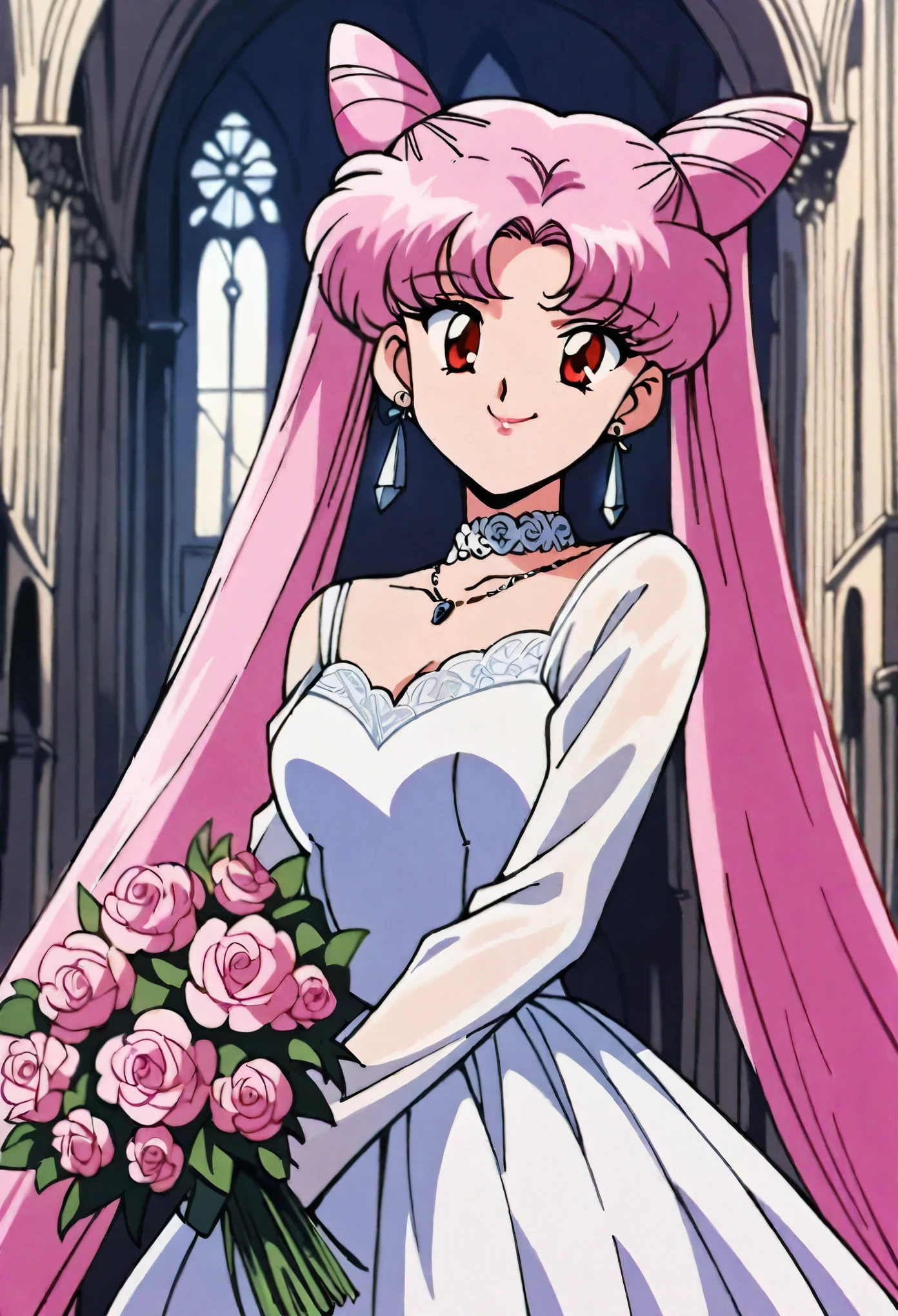 masterpiece,Best quality,very aesthetic,ultra detailed,complex parts,1990-е годы \(style\),Black Lady1,1 girl,One,pink hair,cone lock of hair,long hair,lock of hair,double bun,Red eyes,ponytail,very long hair,Wedding Dress,necklace,earrings,smile,holding a bouquet,pink flower,Cathedral,
