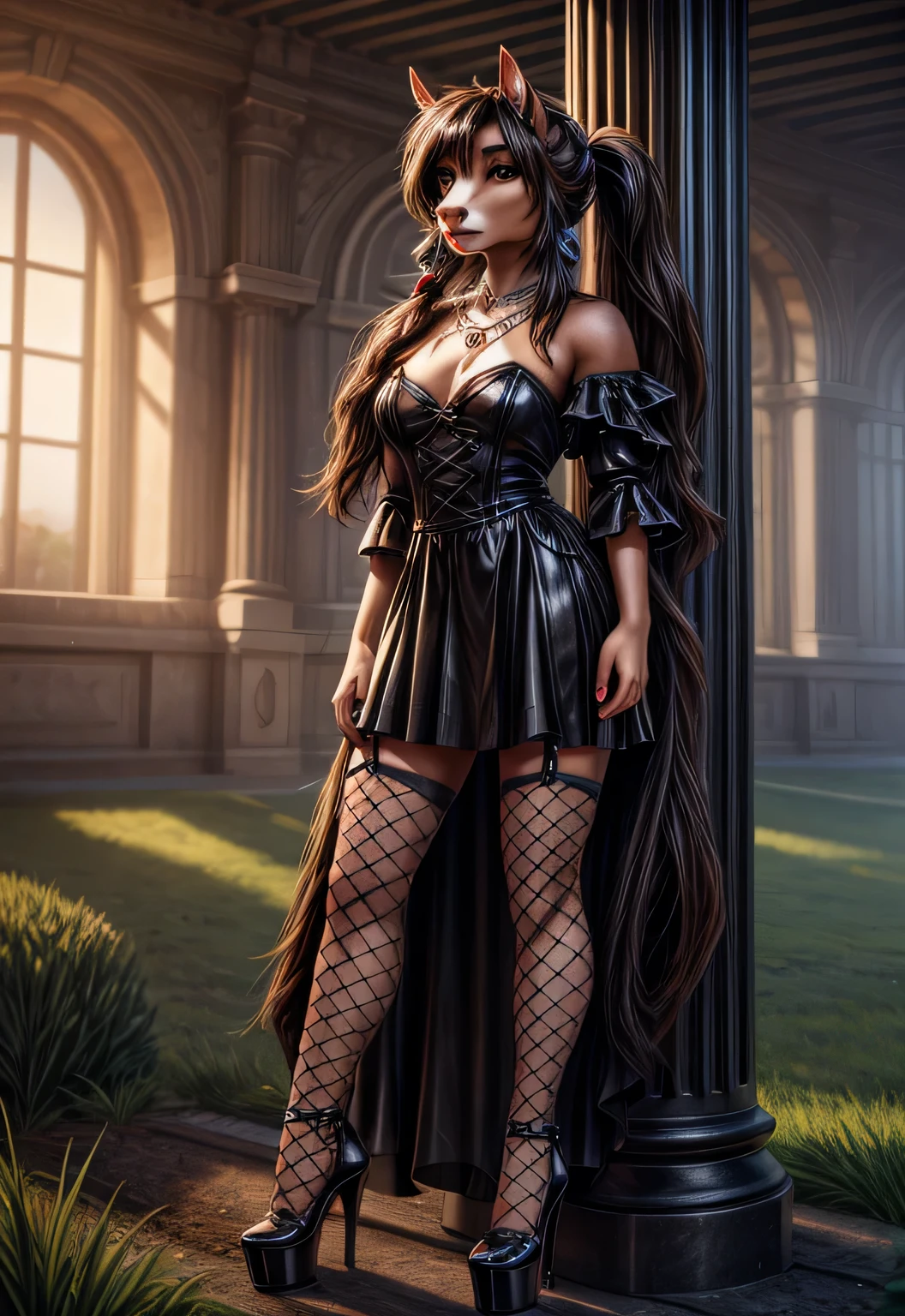 UHD 8k, HDR+, cute Black anthro female horse with a necklace, large piercing brown eyes, huge earrings, giant earrings, Black with pigtails, fluffy horse with a Black fluffy equine tail, Black leather high heel shoes, High heels, Black gothic dress, Against the background of the field, detailed background, realistic, 1girl, solo girl, 20 year old girl, ultra realistic face, hyperrealistic, hyperdetailed, (looking at viewers), sharpen, detailed face, detailed eyes, detailed lips, red lips, beautiful face, 16k, FHD, raw photo, cute face mesh, pretty face mesh, portrait shot 8