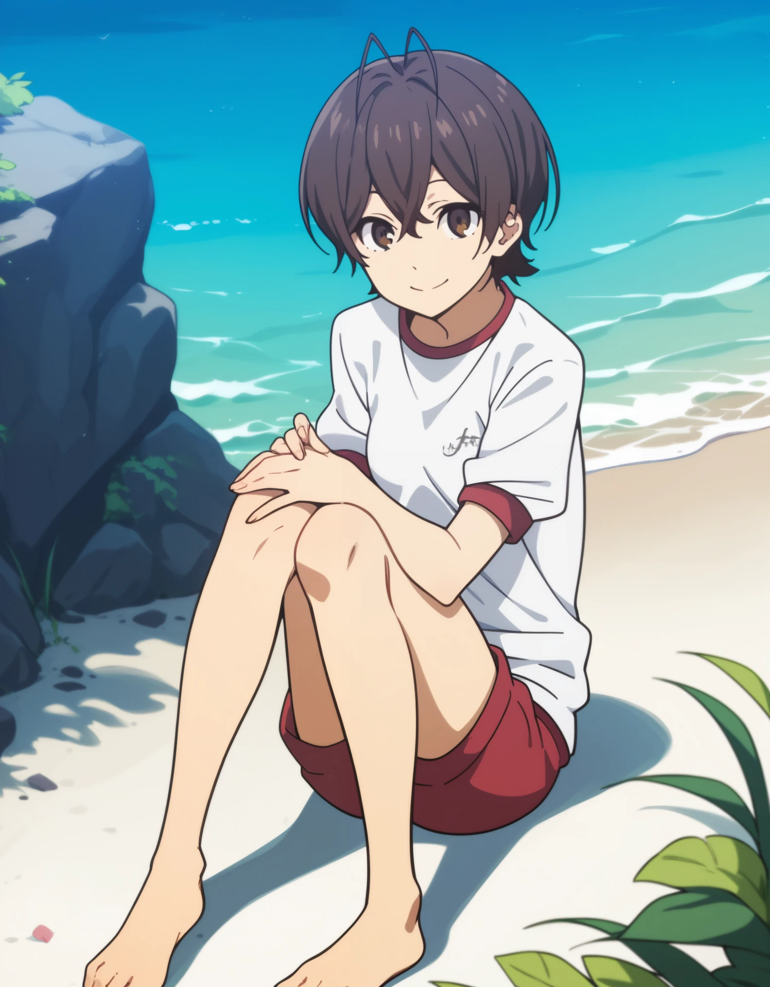 score_8_up, score_7_up, score_6_up, score_5_up, source anime, miwa, looking at viewer, small breasts, smile, gym shirt, gym shorts, sitting on beach, knees up,