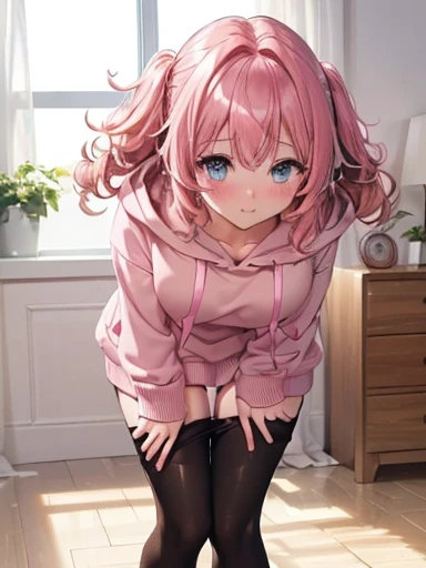 (One transcendent beautiful girl)、ultra-detailed、(8K, RAW photo, best quality, masterpiece:1.2), (extremely detailed 8K wallpaper),professional lighting,sharp focus, depth of field、(((Detailed and accurate face))),((head shot)),nfws,((Pink short bob、Fluffy curly hairy、Rainbow colored inner curl hair))、((Highest quality)), ((masterpiece)), (((A simple, baggy pink hoodie))),((Perfect Face、Beautiful Eyes)),((((Leaning forward、The gesture of pulling down tights with both hands))))、((Blushing)),(((Embarrassing)))、(An apartment room、Bed in the back)