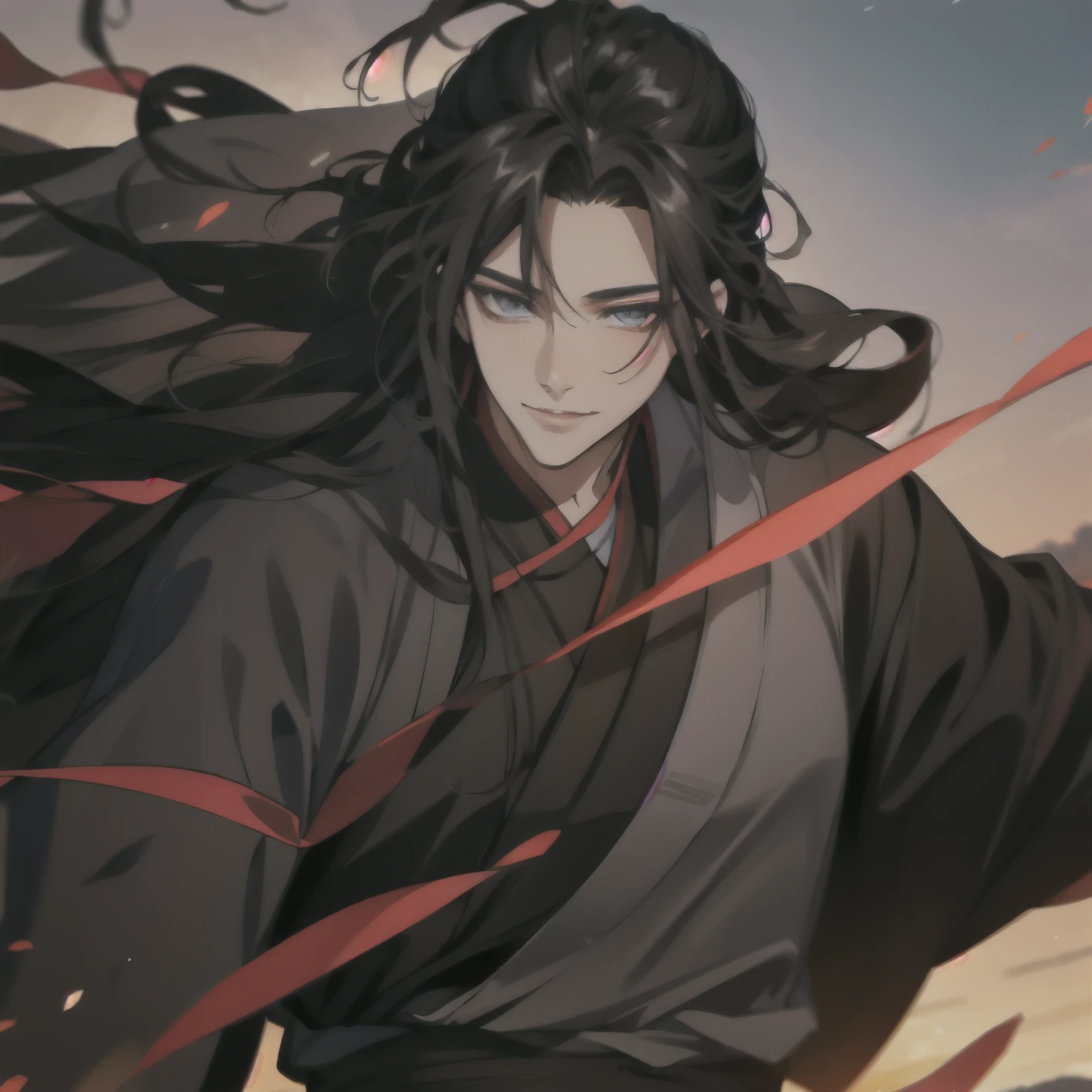 (masterpiece, best quality:1.2), 1male, solo, wei wuxian, mo dao zu shi, mdzs, black clothes, grey eyes, long black hair, perfect anatomy, smile