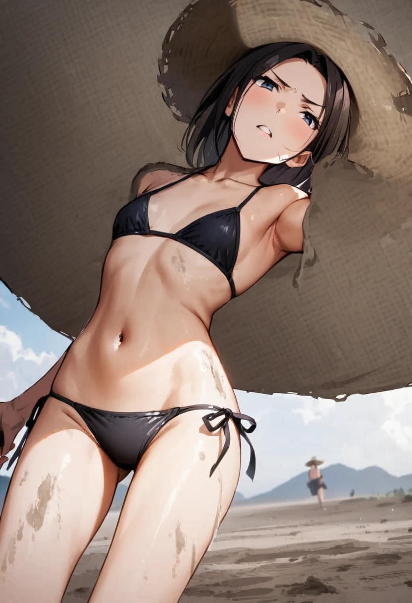 arched back、tideland、Covered in mud、Thin string bikini、Thighs、Girl、Girl、Younger、Baby Face、flat chest、forehead、Butt、Dynamic Angle、Seaside、Sandy Beach、Glaring、sunlight、Both eyes open、Sun hat
