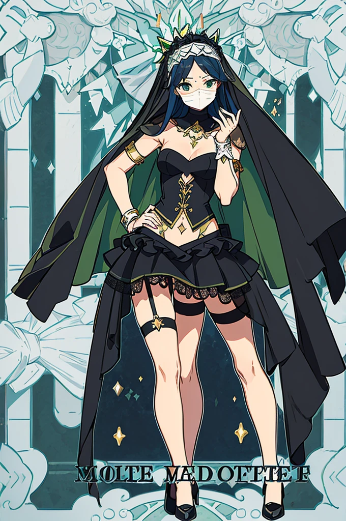 (((Face Veil、whole body)))、Highest quality、High resolution、masterpiece、from the front、Are standing、Magical girl、Green and black outfit、hair ornaments、Cut and sew、Armlet、Belly button、Pattern on the lower abdomen、mini skirt、garter belt、High heels
