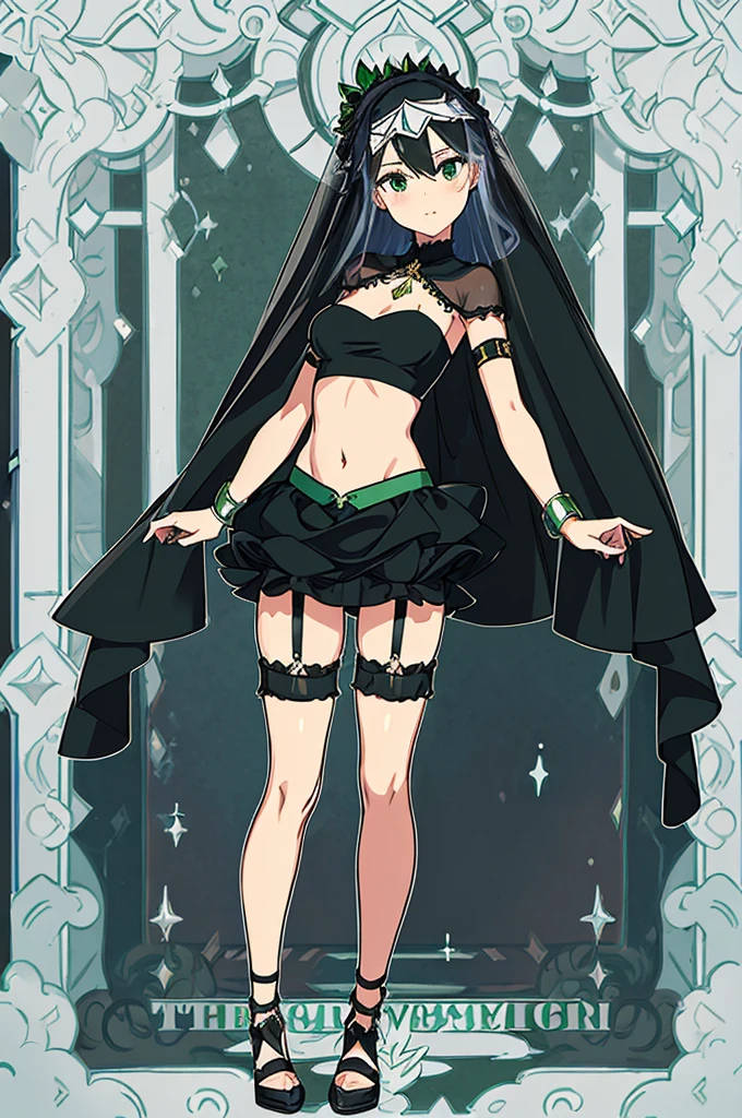 (((Face Veil、whole body)))、Highest quality、High resolution、masterpiece、from the front、Are standing、Magical girl、Green and black outfit、hair ornaments、Cut and sew、Armlet、Belly button、Pattern on the lower abdomen、mini skirt、garter belt、High heels