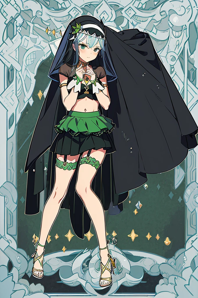 (((Face Veil、whole body)))、Highest quality、High resolution、masterpiece、from the front、Are standing、Magical girl、Green and black outfit、hair ornaments、Cut and sew、Armlet、Belly button、Pattern on the lower abdomen、mini skirt、garter belt、High heels