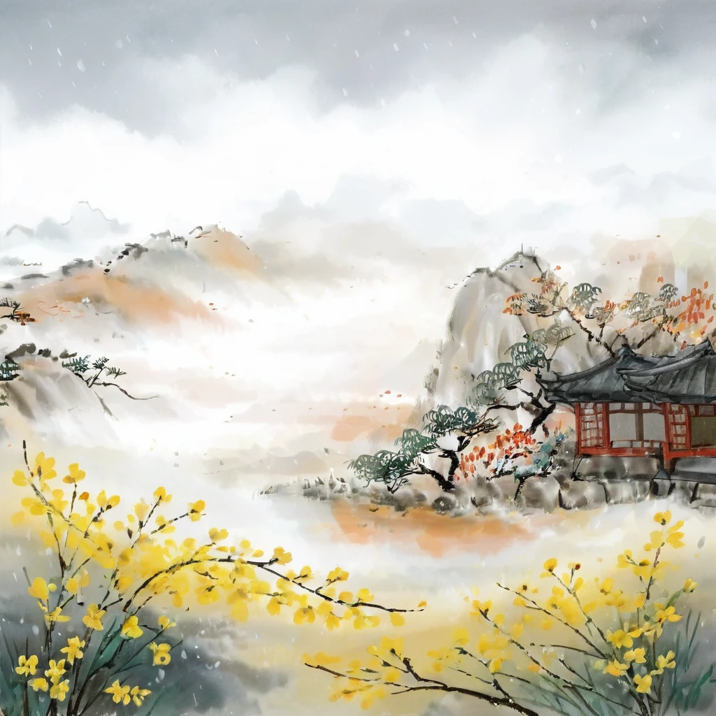 Ink painting, qi baishi, it's raining, long raindrops, two seven starred ladybugs are on the winter jasmine, winter jasmine, winter jasmine, long winter jasmine branches, yellow flowers, yellow flowers, close-up, no leaves, no leaves, focusing on winter jasmine, ink painting, traditional Thai landscape painting, (large area of blank space, two-thirds composition: 2:3), clear new popular illustration landscape painting, parchment watercolor ink painting, Chinese style, Thai Building, watercolor ink painting, ink painting, (minimalist), minimalist, minimalist. Rice gray color, white background, ink painting style, ink painting, rice paper texture, clean, no text, quiet and ethereal, light white and light gray