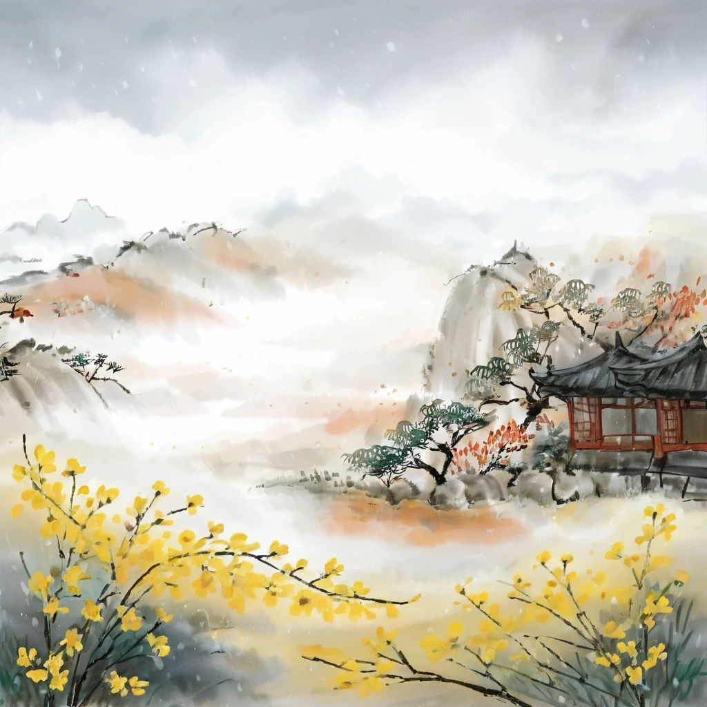 Ink painting, qi baishi, it's raining, long raindrops, two seven starred ladybugs are on the winter jasmine, winter jasmine, winter jasmine, long winter jasmine branches, yellow flowers, yellow flowers, close-up, no leaves, no leaves, focusing on winter jasmine, ink painting, traditional Thai landscape painting, (large area of blank space, two-thirds composition: 2:3), clear new popular illustration landscape painting, parchment watercolor ink painting, Chinese style, Thai Building, watercolor ink painting, ink painting, (minimalist), minimalist, minimalist. Rice gray color, white background, ink painting style, ink painting, rice paper texture, clean, no text, quiet and ethereal, light white and light gray