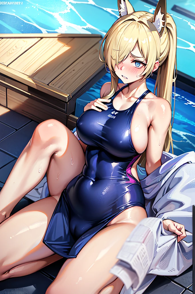 1 girls, Ogata kanna, masterpiece, best quality, high quality, beautiful, swimming pool, a girl, shy, embarrassed, sitting on the floor, legs spread, looking at viewer, long hair, ponytail, hair over one eye, blonde, blue eyes, eyes open, slant eyes, fair skin, glamorous, voluptuous, curvy, toned body, beautiful breasts, competition swimsuit, blush, with fox ears, 20-year-old, white background, cowboy shot, dutch angle shot, from above, golden ratio