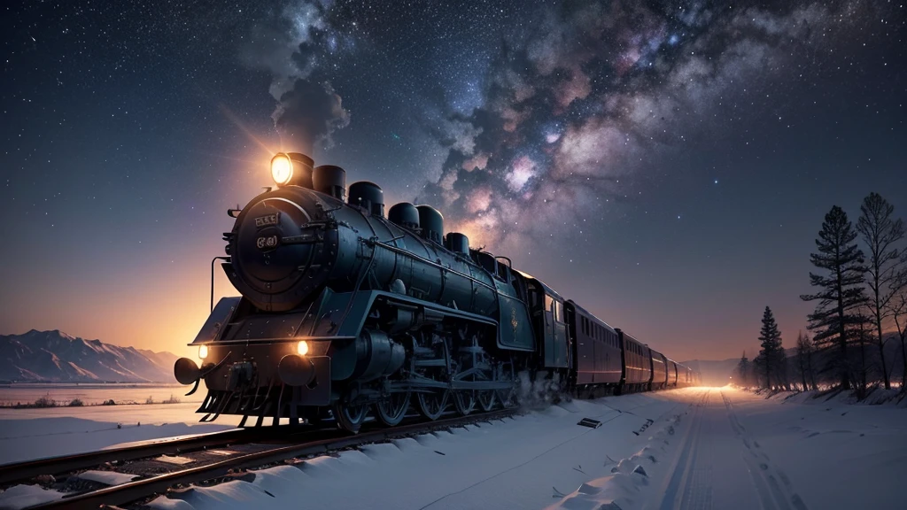 on a quiet winter night, Under the heavenly light of the cosmic sky, A train glides gracefully along a snow-covered track.. A scene unfolding with Makoto Shinkai’s signature magical realism., Where the train itself seems quiet and alive., mysterious energy. The landscape is painted in dark blue and purple colors., reminiscent of a galaxy drawn in the sky. There is no human being in sight, There is only quiet companionship between the train and the vastness.., starry sky. It evokes the essence of Makoto Shinkai's famous animation background.., Capturing moments of quiet beauty and wonder of the universe.