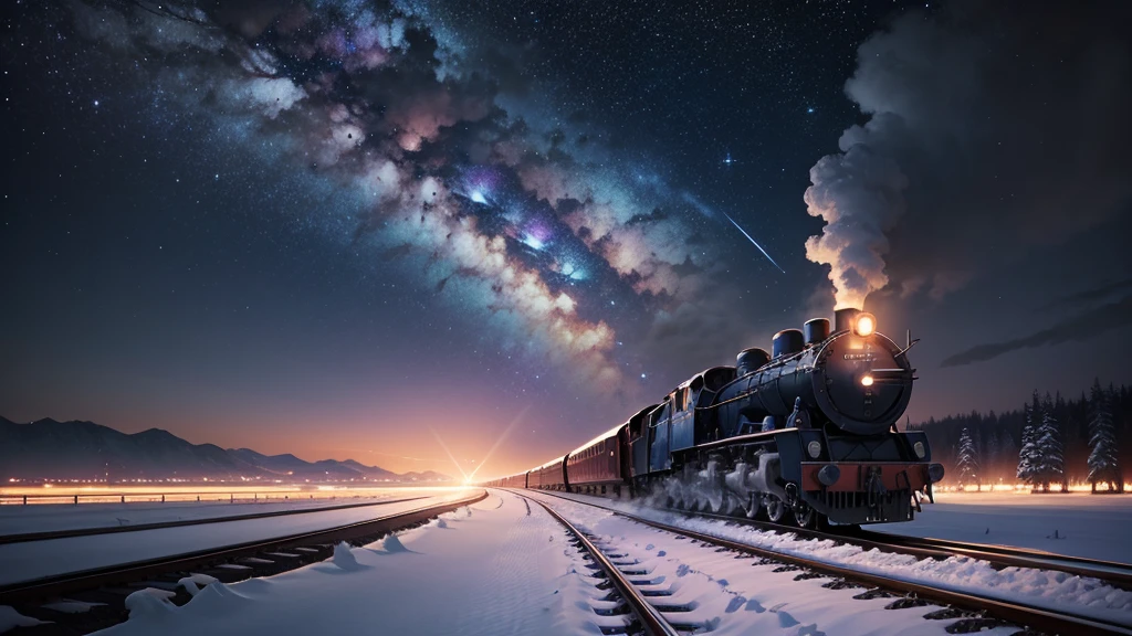 on a quiet winter night, Under the heavenly light of the cosmic sky, A train glides gracefully along a snow-covered track.. A scene unfolding with Makoto Shinkai’s signature magical realism., Where the train itself seems quiet and alive., mysterious energy. The landscape is painted in dark blue and purple colors., reminiscent of a galaxy drawn in the sky. There is no human being in sight, There is only quiet companionship between the train and the vastness.., starry sky. It evokes the essence of Makoto Shinkai&#39;s famous animation background.., Capturing moments of quiet beauty and wonder of the universe.