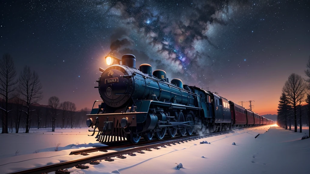 on a quiet winter night, Under the heavenly light of the cosmic sky, A train glides gracefully along a snow-covered track.. A scene unfolding with Makoto Shinkai’s signature magical realism., Where the train itself seems quiet and alive., mysterious energy. The landscape is painted in dark blue and purple colors., reminiscent of a galaxy drawn in the sky. There is no human being in sight, There is only quiet companionship between the train and the vastness.., starry sky. It evokes the essence of Makoto Shinkai&#39;s famous animation background.., Capturing moments of quiet beauty and wonder of the universe.