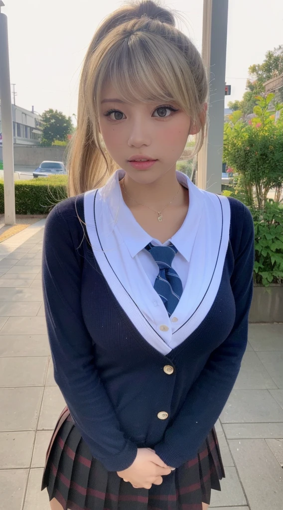(((24yo, gyaru, ponytail))), masterpiece, (((wearing school uniform))), (looking at view), ((large breasts)), ((large hip)), (shiny skin), (((skindentation))), photorealistic, realistic, solo, photorealistic, best quality, ultra high res, YuraS, bed, colorful, parted lips, daytime setting, beautiful, masterpiece, best quality, extremely detailed face, perfect lighting, ultra high res, ultra detailed