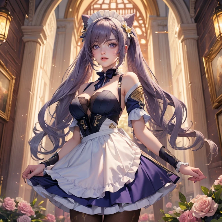 1girl, white roses, ornament hair, white roses on her hair, perfectly body, perfectly hands, lilac hair, long hair, wave hair, long hair, ornament hair, long hair, Looking at the viewer, flowing hair, Beautiful Eyes, Plump and glossy lips, maid, maid dress, maid headdress, maid apron, white dress with too many frills, white dress, blue laces, white Short skirt, Drape clothes, lilac gem, Lace trim, kitchen, luxury details, gold jewelry, more details, best quality, Big sparkling eyes, blushing, lilac Striped Lace Stockings, lilac ta skirt, sparkle, solo, centered girl, cowboy shot, perfectly body, perfectly hands, two arms, two legs, two hands, five fingers, perfect anatomy, glowing hair, white roses, maid, maid dress, dress, solo, flowing hair, floating hair, ornament hair, perfectly body, perfectly hands, on the kitchen, sparkles, more details on her clothes, white dress with transparency, golden details on her dress, night, tray with juice, ((4k, masterpiece, top-quality)), 8k, best quality, high resolution, UHD, (illustration:0.8), super cute girl, delicate and beautiful face, mature girl, super cute hairstyle, (beautiful detailed eyes:1.6), extremely detailed face, perfect lighting, extremely detailed CG, (perfect hands, perfect anatomy), Best quality, cleavage, small skirt, full Body, two arms, two legs, two hands, five fingers