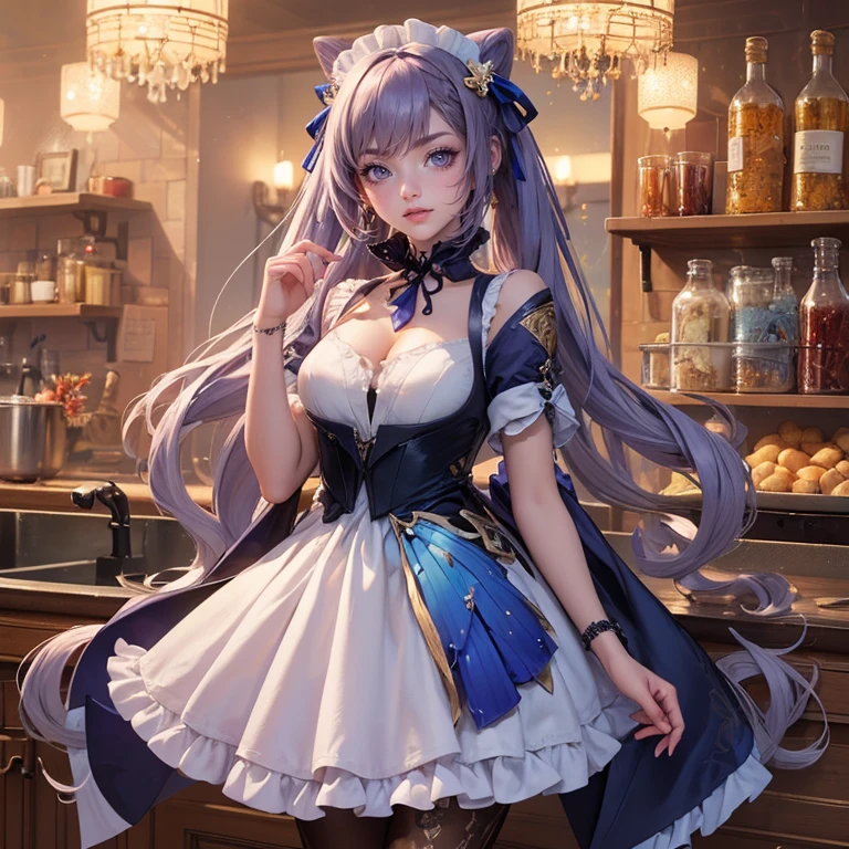 1girl, white roses, ornament hair, white roses on her hair, perfectly body, perfectly hands, lilac hair, long hair, wave hair, long hair, ornament hair, long hair, Looking at the viewer, flowing hair, Beautiful Eyes, Plump and glossy lips, maid, maid dress, maid headdress, maid apron, white dress with too many frills, white dress, blue laces, white Short skirt, Drape clothes, lilac gem, Lace trim, kitchen, luxury details, gold jewelry, more details, best quality, Big sparkling eyes, blushing, lilac Striped Lace Stockings, lilac Lolita skirt, sparkle, solo, centered girl, cowboy shot, perfectly body, perfectly hands, two arms, two legs, two hands, five fingers, perfect anatomy, glowing hair, white roses, maid, maid dress, dress, solo, flowing hair, floating hair, ornament hair, perfectly body, perfectly hands, on the kitchen, sparkles, more details on her clothes, white dress with transparency, golden details on her dress, night, tray with juice, ((4k, masterpiece, top-quality)), 8k, best quality, high resolution, UHD, (illustration:0.8), super cute girl, delicate and beautiful face, mature girl, super cute hairstyle, (beautiful detailed eyes:1.6), extremely detailed face, perfect lighting, extremely detailed CG, (perfect hands, perfect anatomy), Best quality, cleavage, small skirt, full Body, two arms, two legs, two hands, five fingers