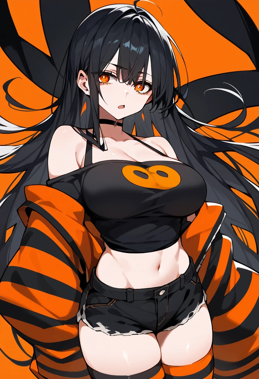 source_anime, 1girl, pale skin, black hair, orange eyes, very long hair, off shoulder, black shirt, striped gloves, striped thighhighs, midriff peek, short shorts, large breasts, choker, expressionless, open mouth