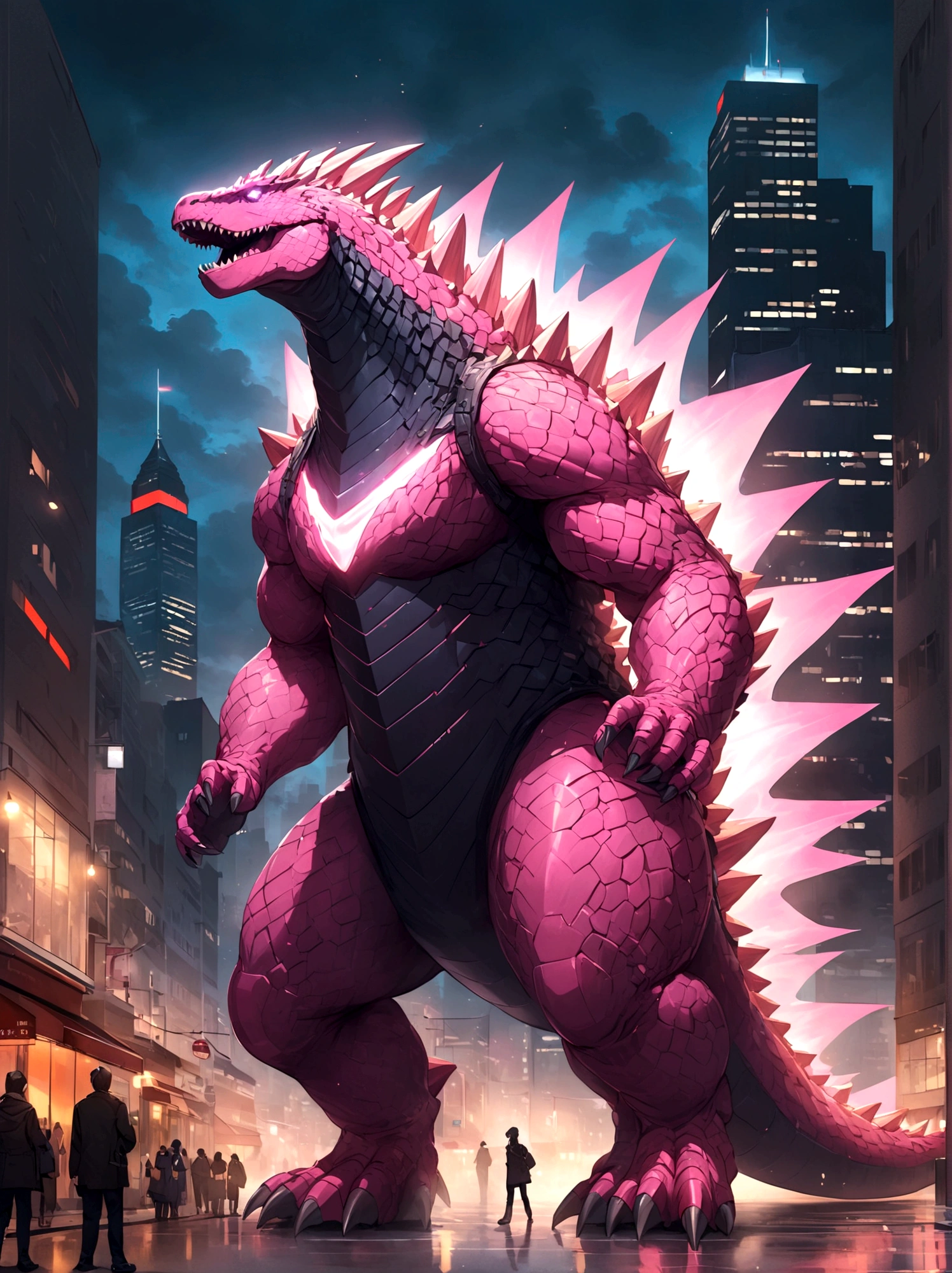 solo, full body, outdoors, city, glowing, building, no humans,pink godzilla