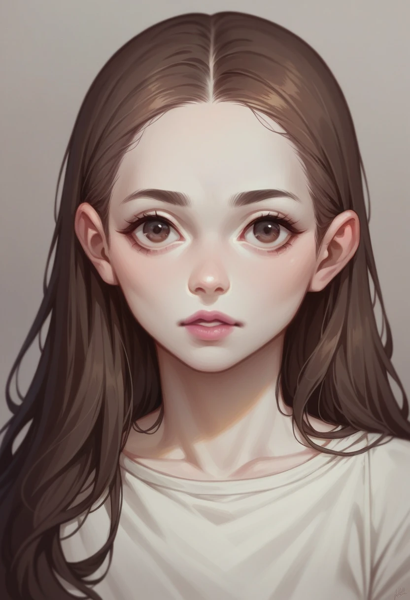 blythe doll pale skin, without bangs hair, hair dark brown, eyes dark brown, uncovered forehead, pink lips