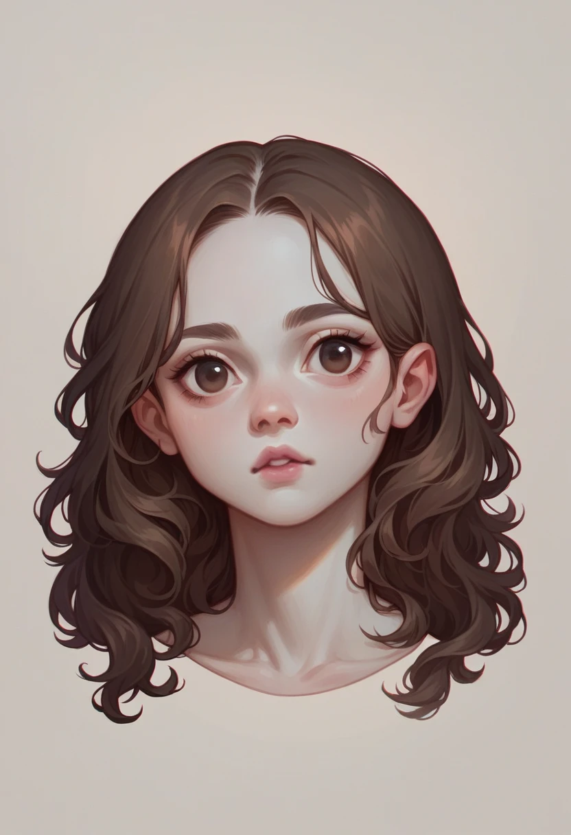 blythe doll pale skin, without bangs hair, hair dark brown, eyes dark brown, uncovered forehead, pink lips