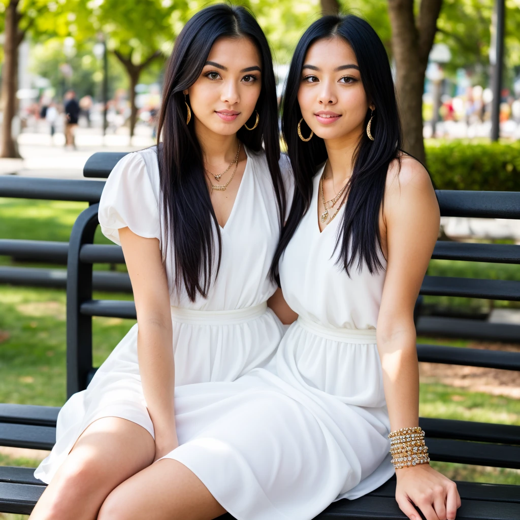 A woman, Natural light, professional, (sitting on a bench in the square, with her dog on her lap that highlights the beauty of the woman), (4k photo: 1.1) (sharp focus: 1.3), High detail, detailed beautiful face, green eyes, with big breasts and big ass, Long black hair, (attractive young woman:1.3), (seductive:1.1), (blush:1.1), Athletic body shape, A girl with earrings,  bracelets and necklace, wearing a white dress. 