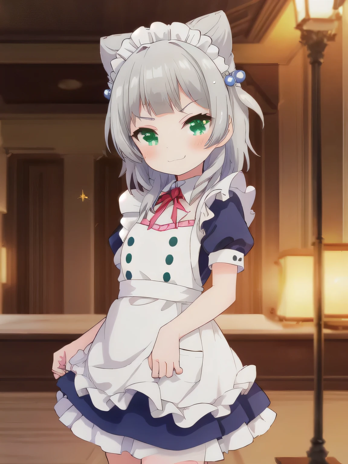 Highest quality, (masterpiece:1.2), Very detailed, (masterpiece), (figure),
Maid、Cafe、
One girl, alone, Green Eyes, Grey Hair, hair ornaments, bangs, Virtual YouTuber, Shine, blunt bangs, Double Bang, Lens flare, Flat Chest,
 blush, (View your viewers), smirk,cat mouth
