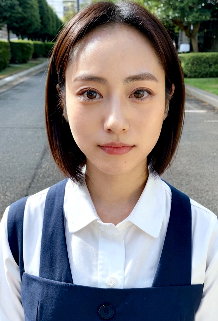 Japanese,woman,Bob Hair,Wide forehead,Fuji frame,Big eyes,round face,uniform