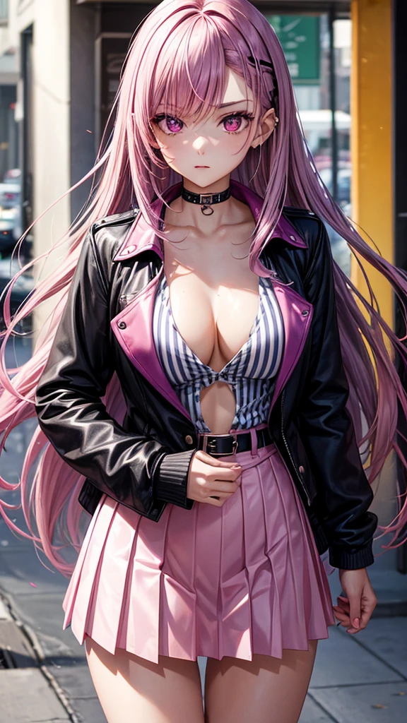 She is a teenager with purple hair and pink highlights., has piercing red eyes, has a slender body, breasts big, wears a white striped skirt, and orange blouse, with a black jacket.