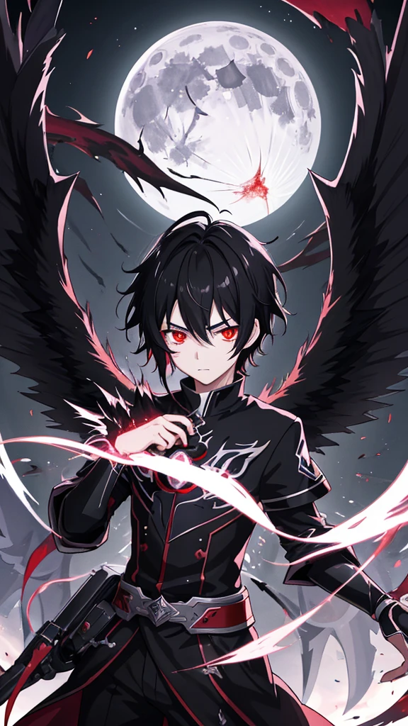 ultra quality, 4K, anime illustration, 15 year old boy, black hair, scarlet eyes full of hate, dark aura, Very Detail, full moon night, empty city, gazing at viewer, floating eyes with wings of blood.