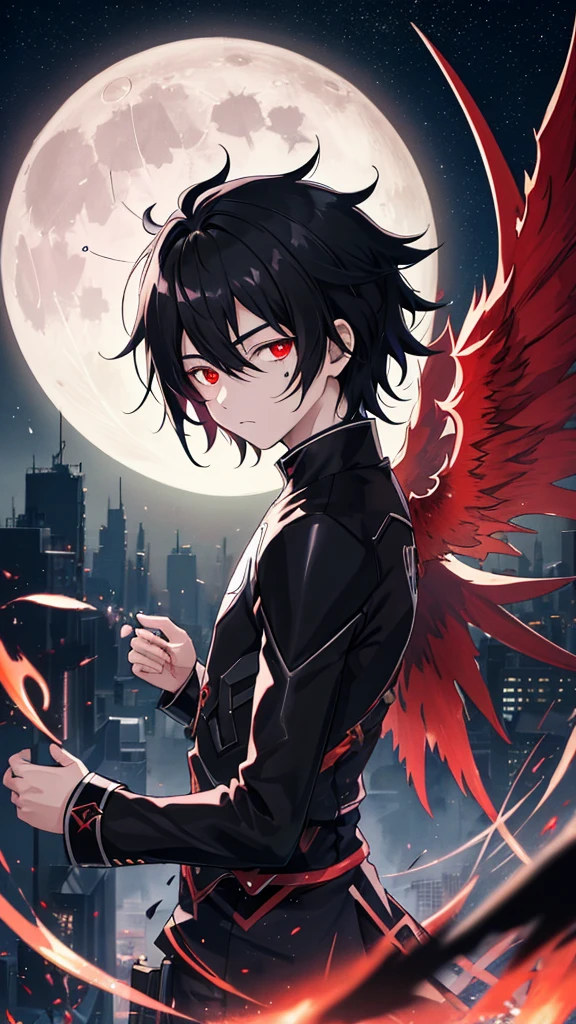 ultra quality, 4K, anime illustration,  boy, black hair, scarlet eyes full of hate, dark aura, Very Detail, full moon night, empty city, gazing at viewer, floating eyes with wings of blood.