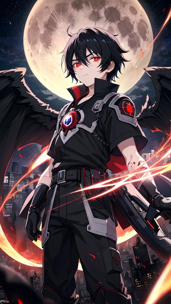 ultra quality, 4K, anime illustration, 15 year old boy, black hair, scarlet eyes full of hate, dark aura, Very Detail, full moon night, empty city, gazing at viewer, floating eyes with wings of blood.