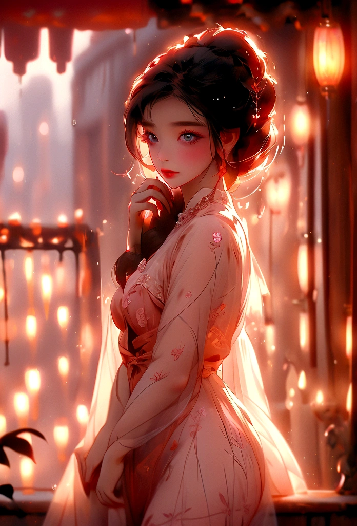A beautiful young lady drinking coffee on a rainy sunset, watching the rain , beautiful girl, with delicate makeup, the dress is valentine