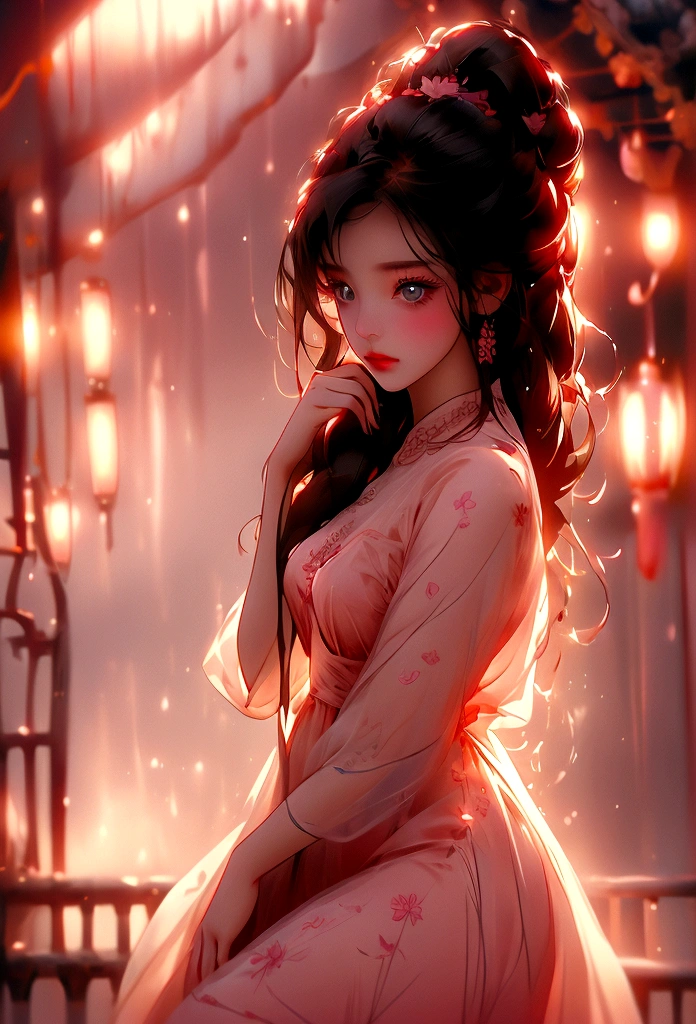 A beautiful young lady drinking coffee on a rainy sunset, watching the rain , beautiful girl, with delicate makeup, the dress is valentine