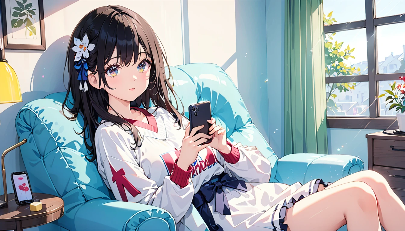 (Absurd:1.1, High resolution:1.1, 超detailed:1.1), 非常にdetailedな, 超detailed hair, (Fine grain:1.4), (Shining Eyes:1.3), thin, cute, Perfectly symmetrical face, narr○w waist, 超cute girl, 超cute face, 超cute, Super beautiful, Beautiful colors, ((Great quality)), (Beautiful legs), Looking at smartphone, Upper body rest (Beautiful colors,detailed,Highest quality,Great quality,so beautiful), Jersey, Chair, Lighting and Shadows(perspective), Lighting particles, colorful, masterpiece, Stylish room,