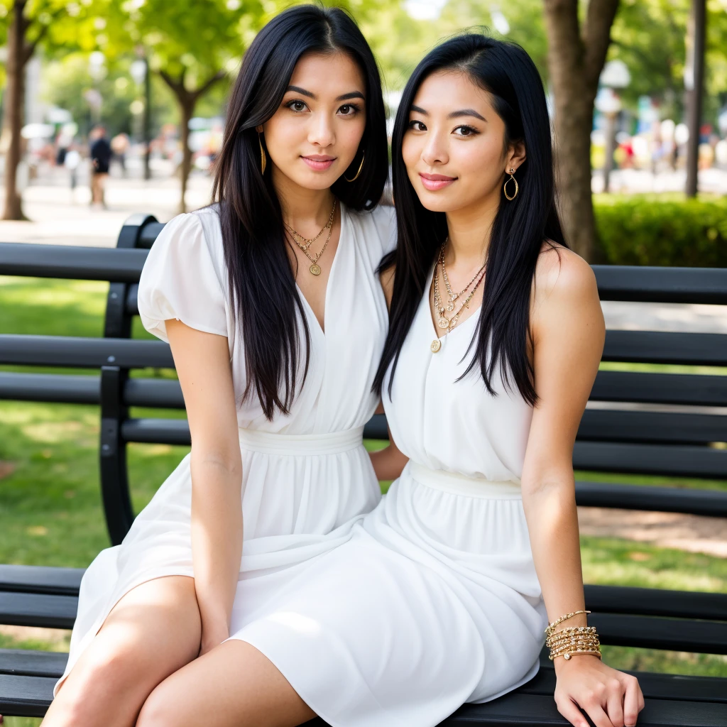A woman, Natural light, professional, (sitting on a bench in the square, with her dog on her lap that highlights the beauty of her owner), (4k photo: 1.1) (sharp focus: 1.3), High detail, detailed beautiful face, green eyes, with big breasts and big ass, Long black hair, (attractive young woman:1.3), (seductive:1.1), (blush:1.1), Athletic body shape, A girl with earrings, bracelets and necklace, wearing a white dress.