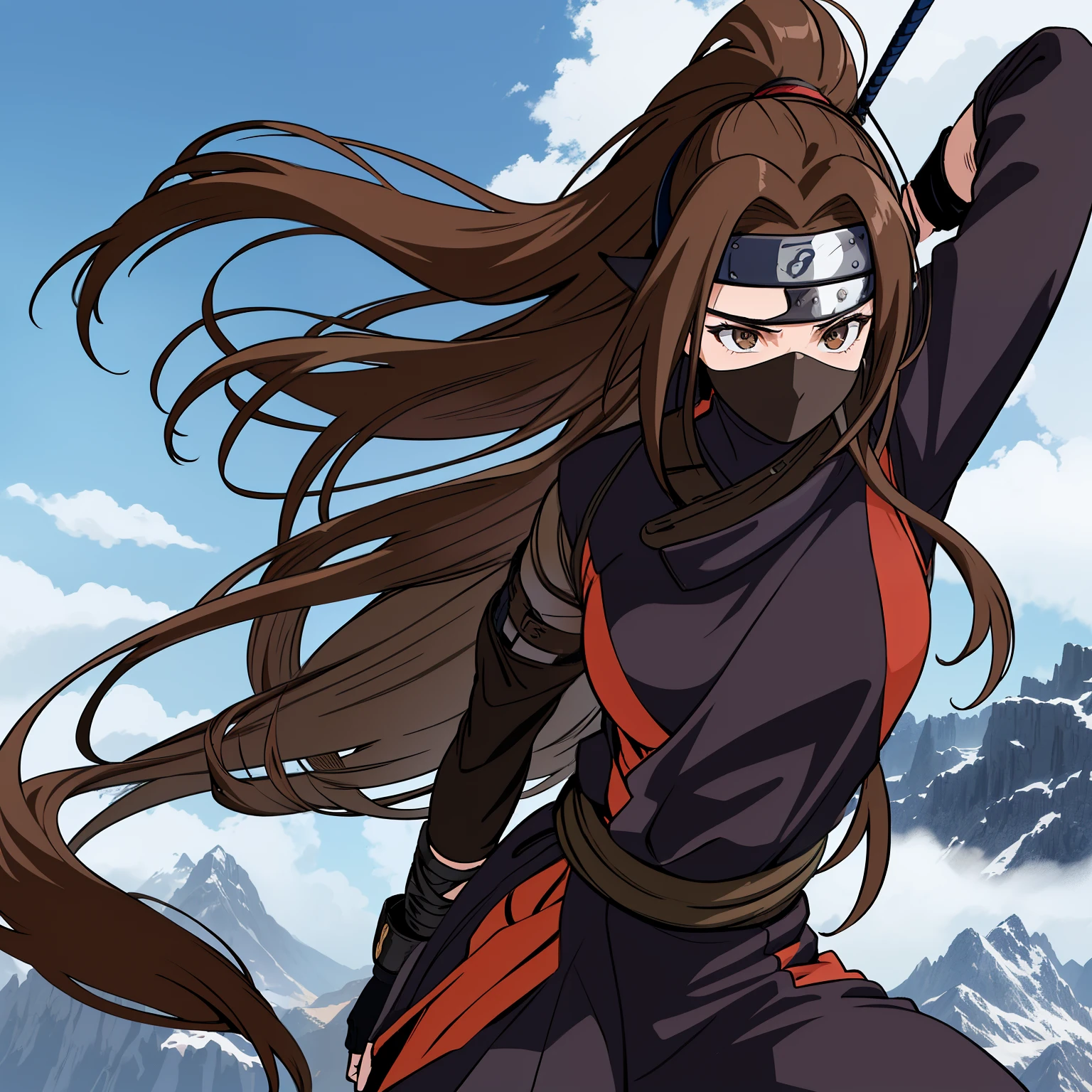 best quality, extremely detailed, 1girl, beautiful looking, shinobi, shinobi, kunoichi, ninja, female focus, standing, (dynamic angle, dynamic composition) brown hair, long hair, hazel_eyes, wearing round glasses, cool outfit, ((forehead protector)) ((village)), surrounded by mountains, blue sky, clouds
