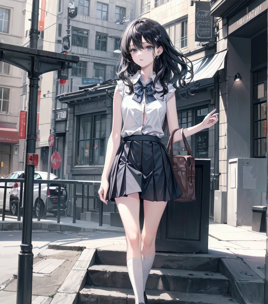 ((((absurdres, RAW photo, extremely delicate and beautiful, masterpiece, Best Quality, ultra high resolution, 32k, hyperrealistic, realistic, photorealistic, photo-realistic, ultra-detailed)))), in her 20s, very Slim body, narrow waist, very small head, very small face, delicate facial features, beautiful face, beautiful eyes, medium tits, medium hair, black hair, wavy hair, tearful mole, earring, full body shot, ((school uniform)), skirt, ((blue button-down shirt)), sleeveless, outdoor,
