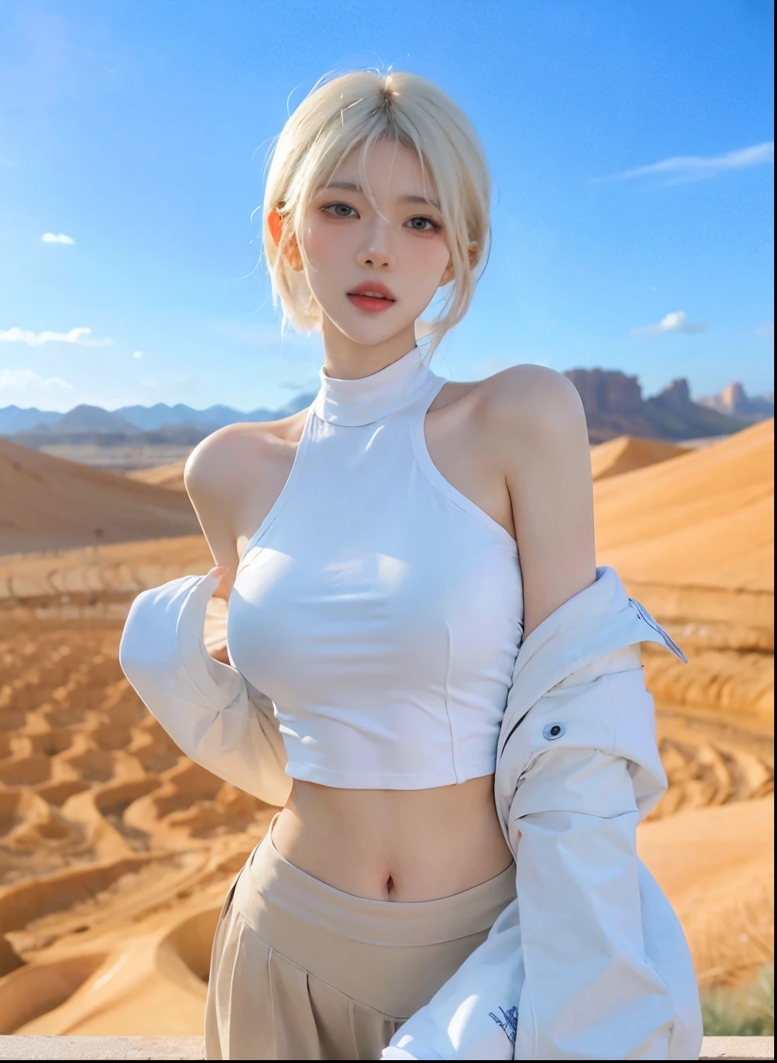 Beautiful woman with perfect figure:1.4，Desert Background，Desert Background，Ultra-high resolution，Seductive laughter，wear glasses，（lifelike：1.4），Layered Hairstyle，White皮肤，Super short pleated skirt，whole body，Very delicate face and skin texture，Double eyelids，Skin Whitening，Long hair，White hair，White，