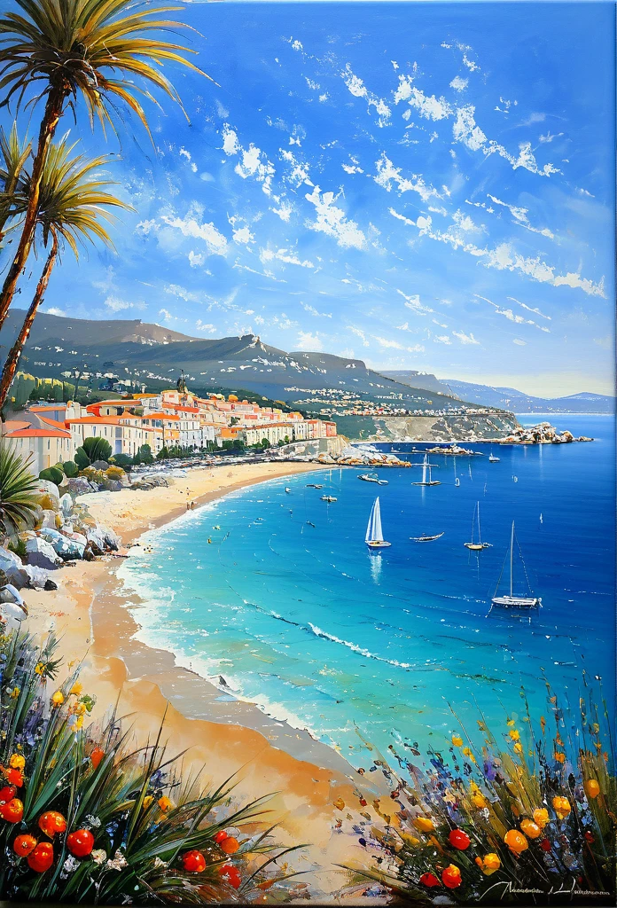 French Riviera, french coast landscape, make a representative painting of this beautiful tourist landscape, magical, painted by a professional painter in the Manuel Fernández García style modern art, Masterpiece, painting awarded for its beauty, vivid and harmonious colors, well-marked pinches, 32k