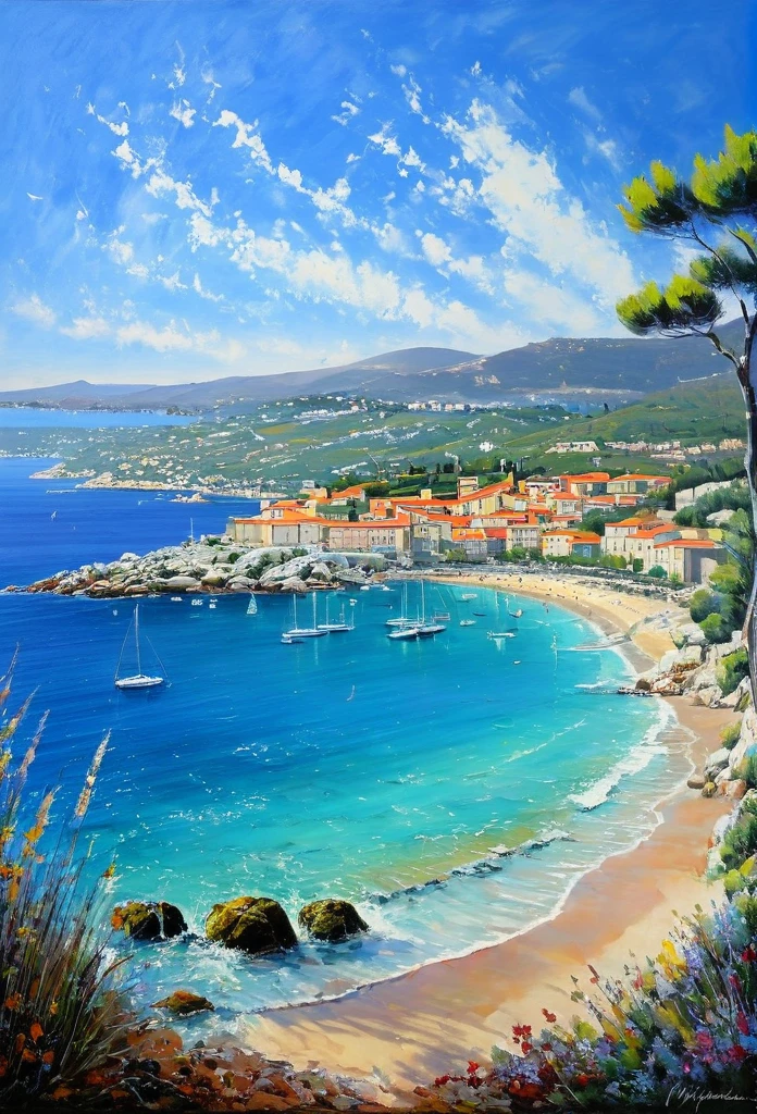 French Riviera, french coast landscape, make a representative painting of this beautiful tourist landscape, magical, painted by a professional painter in the Manuel Fernández García style modern art, Masterpiece, painting awarded for its beauty, vivid and harmonious colors, well-marked pinches, 32k