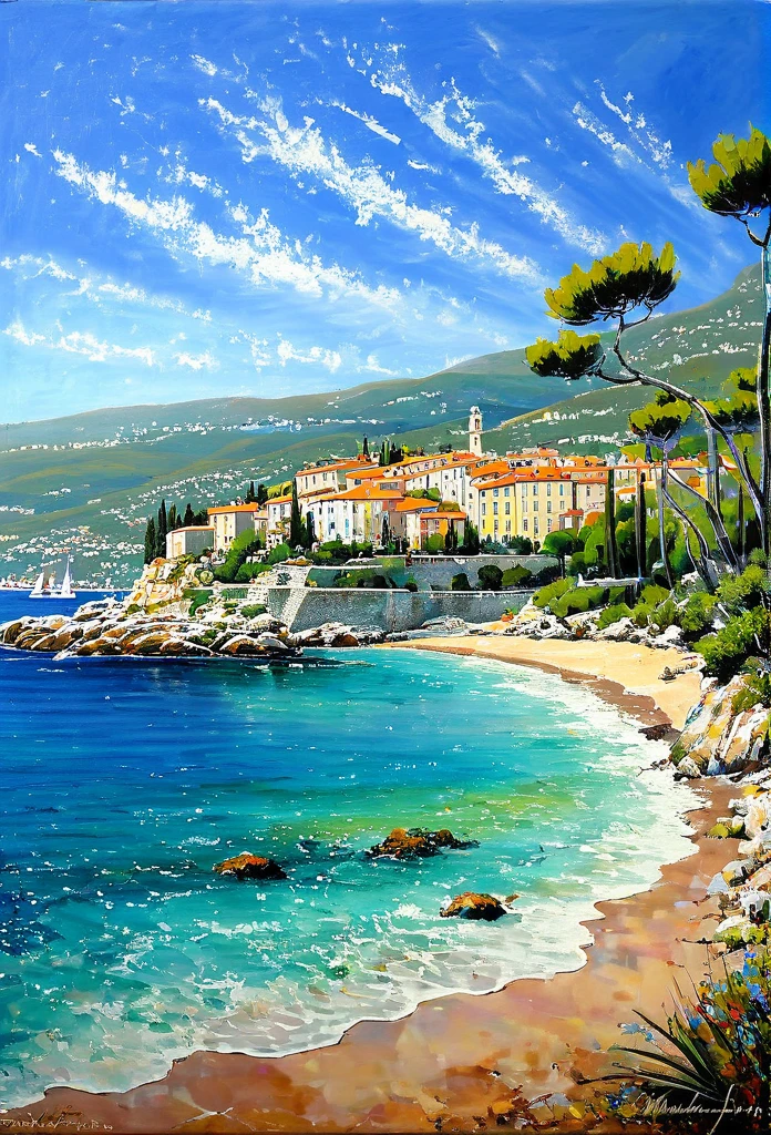 French Riviera, french coast landscape, make a representative painting of this beautiful tourist landscape, magical, painted by a professional painter in the Manuel Fernández García style modern art, Masterpiece, painting awarded for its beauty, vivid and harmonious colors, well-marked pinches, 32k