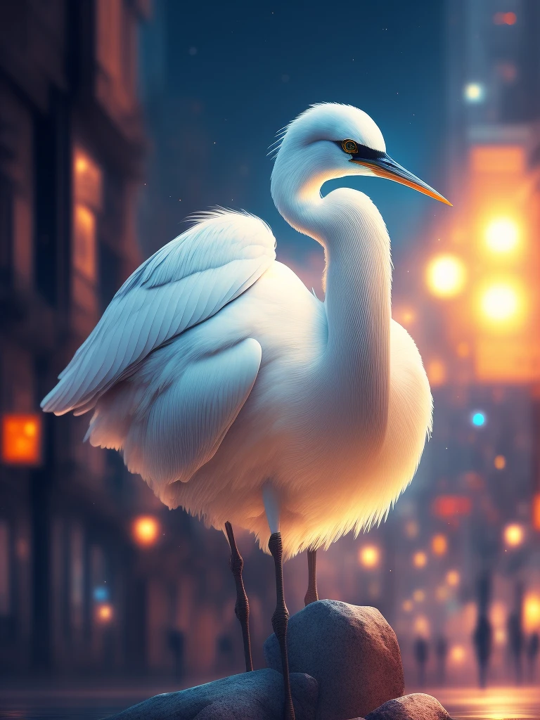 a digital painting inspired by Mike Winkelmann, cgsociety contest winner, Fantasy art, Beautiful digital artwork,  Fantasy art Behance, stunning digital illustration, trend on behance 3d art, a white heron stands proudly on the street in a crowded city, night city, neon signs, a white heron, a heron stands straight, (Raw photo:1.2), (Photorealistic), Beautiful detailed girl, Very detailed eyes and face, Beautiful detailed eyes, Huge file size, High resolution, Very detailed, Best Quality, [masterpiece:1.6], Illustration, Very detailed, Fine detail, Best Quality, 32K Wallpaper, perfect Lighting, Masterpiece, animerealistic, Top quality, Ultra high definition, Maximum resolution, Very detailed, Professional lighting