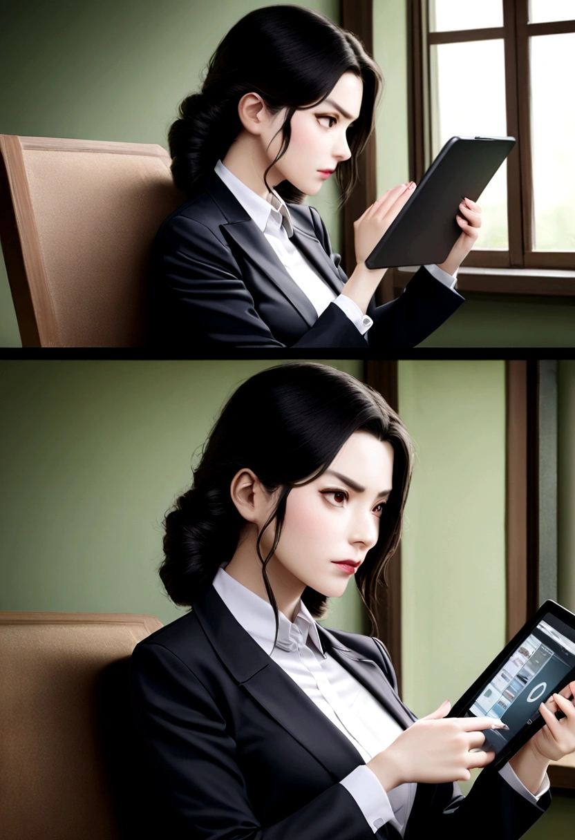 woman in a suit using a tablet computer in a room, working, sun yunjoo, still from a live action movie, park shin hye as a super villain, full device, using a magical tablet, iu lee ji-eun as a super villain, profile pose, [ realistic photo ]!!, shin min jeong, serious business, lazy, elegant look