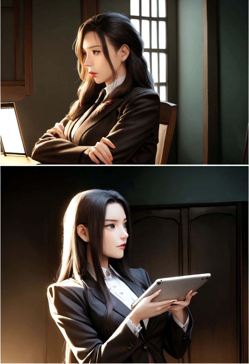woman in a suit using a tablet computer in a room, working, sun yunjoo, still from a live action movie, park shin hye as a super villain, full device, using a magical tablet, iu lee ji-eun as a super villain, profile pose, [ realistic photo ]!!, shin min jeong, serious business, lazy, elegant look