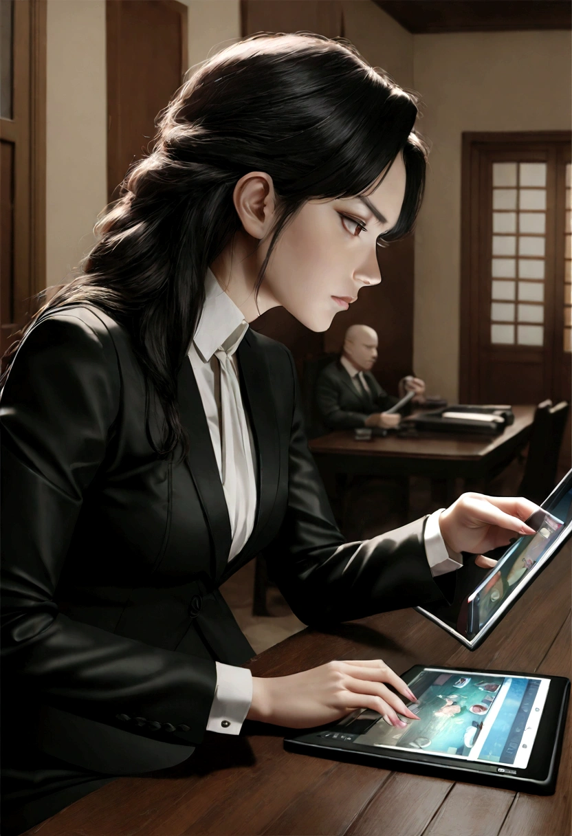 woman in a suit using a tablet computer in a room, working, sun yunjoo, still from a live action movie, park shin hye as a super villain, full device, using a magical tablet, iu lee ji-eun as a super villain, profile pose, [ realistic photo ]!!, shin min jeong, serious business, lazy, elegant look