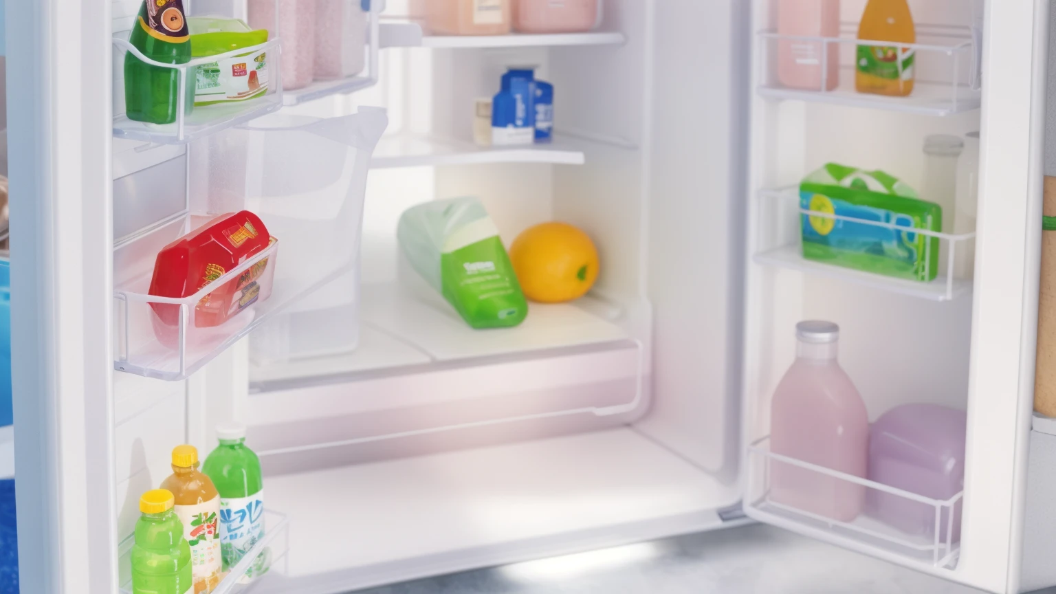 Outdoor refrigerator, shelves with products on the doors, Realistic style, realistic texture, bright lighting, high quality, Multiple light sources, high detail 
